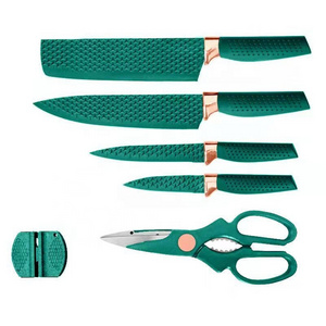 new stylish triangle diamond pattern 6pcs stainless steel chef knives blackish green kitchen knife set with scissors sharpener