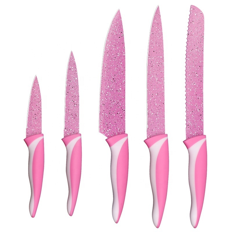 6 pcs grace royalty line non stick knife set stainless steel pink marble kitchen knives set with cartoon flower acrylic block