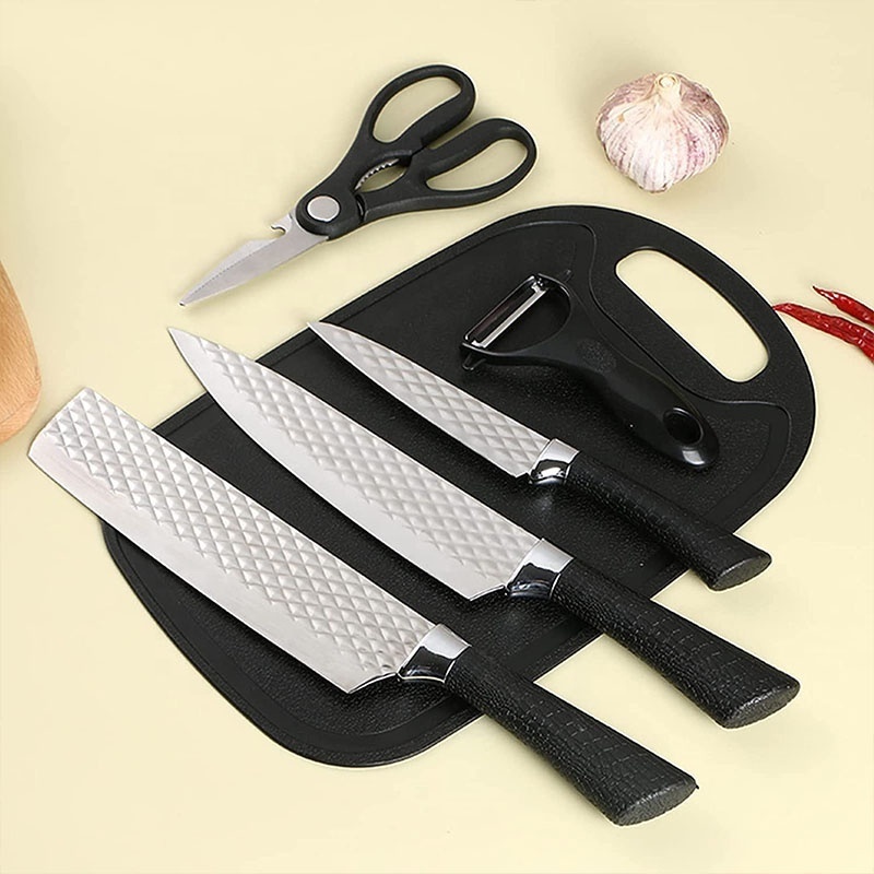 7pcs stainless steel diamond texture embossed non-stick chef knives black kitchen knife set with cutting board and acrylic stand