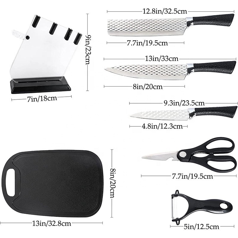 7pcs stainless steel diamond texture embossed non-stick chef knives black kitchen knife set with cutting board and acrylic stand