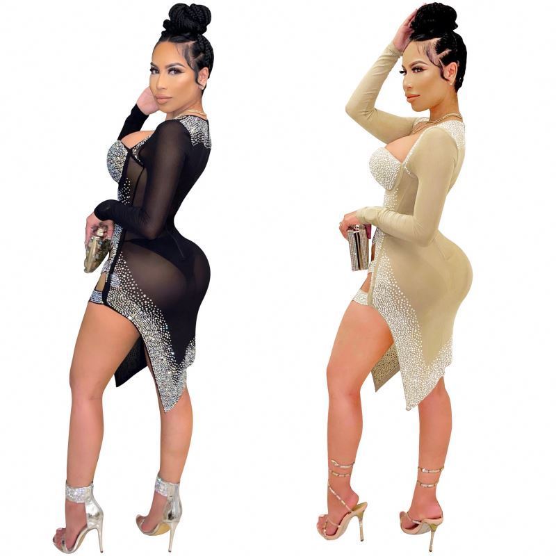 2023 New Arrivals Women Long Sleeve Sexy Low Cut Club Dress with Pantie Hot Sale See Through Mesh Short Hollow Out Slit Dresses