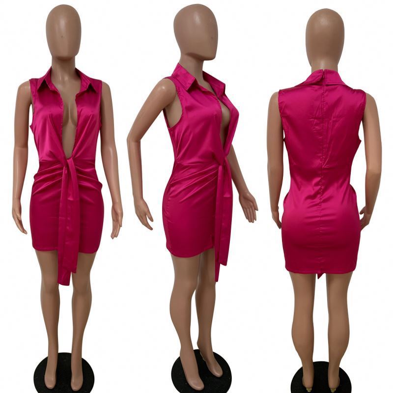 2023 New Satin Mini Dress Hot Pink Casual Silk Dresses Women Ladies Elegant Deep Open Sleeveless Bodycon Club Summer Dresses