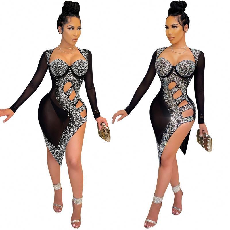 2023 New Arrivals Women Long Sleeve Sexy Low Cut Club Dress with Pantie Hot Sale See Through Mesh Short Hollow Out Slit Dresses