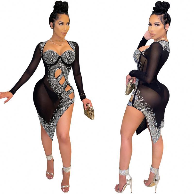 2023 New Arrivals Women Long Sleeve Sexy Low Cut Club Dress with Pantie Hot Sale See Through Mesh Short Hollow Out Slit Dresses