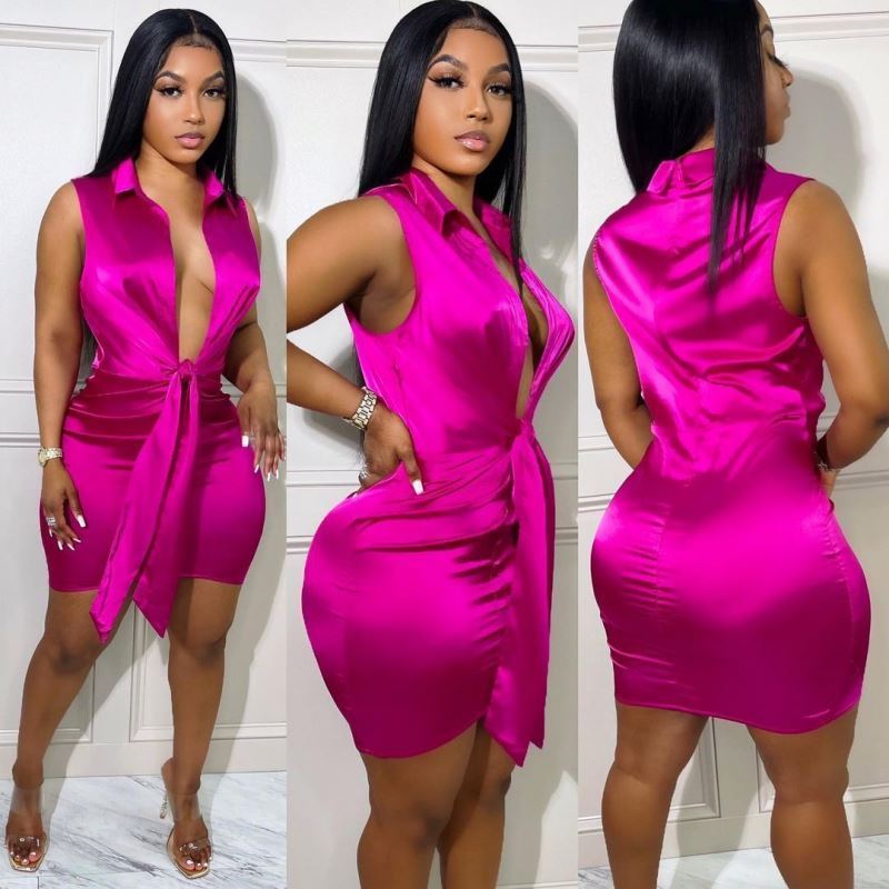 2023 New Satin Mini Dress Hot Pink Casual Silk Dresses Women Ladies Elegant Deep Open Sleeveless Bodycon Club Summer Dresses