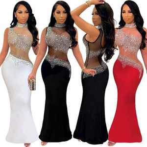 best selling products Sexy perspective hot rhinestone sleeveless mop dress female nightclub evening dress