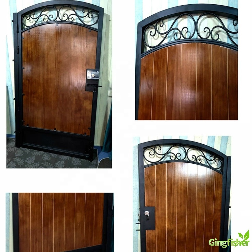 Backyard Main Iron Gate Design With Wood Slats Decoration