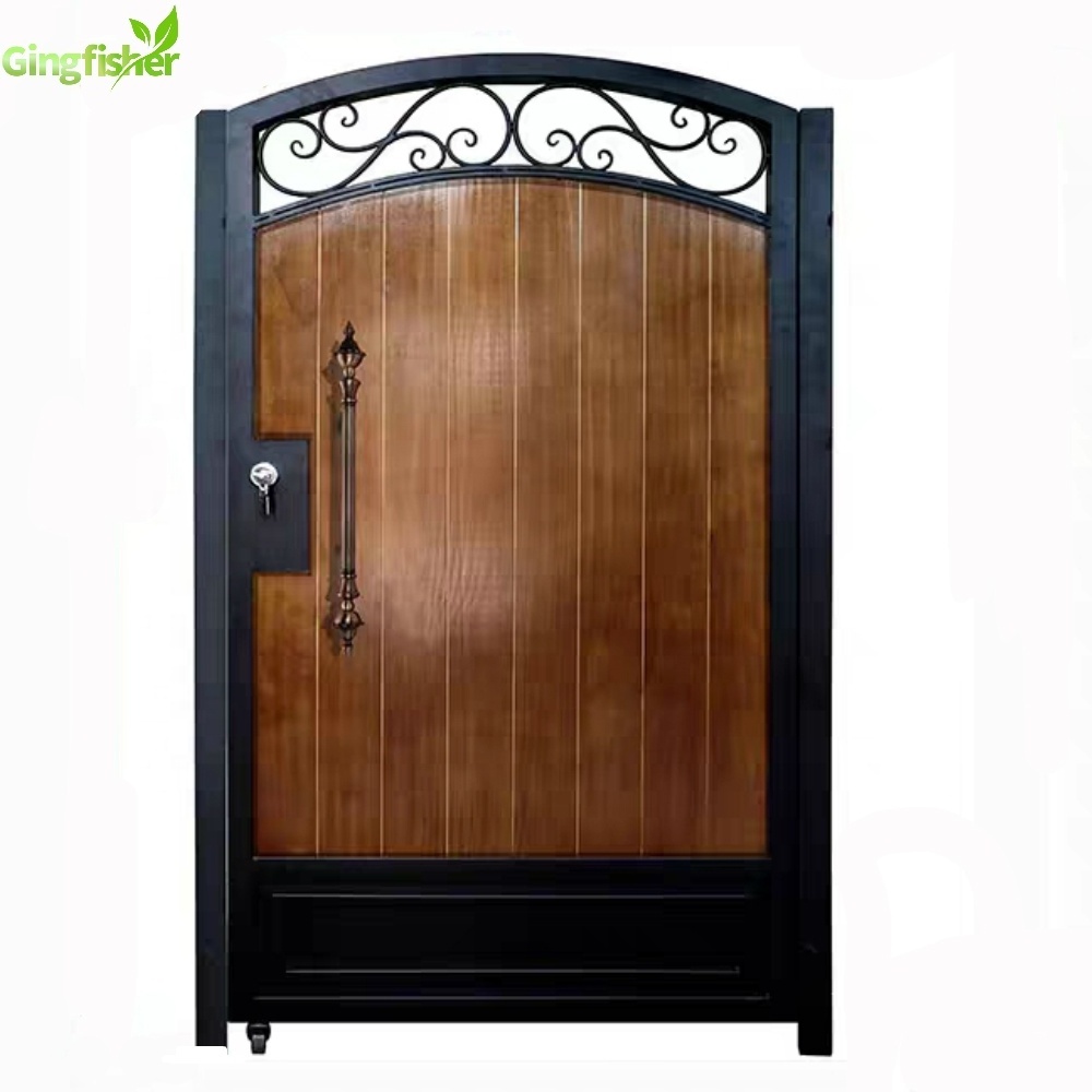 Backyard Main Iron Gate Design With Wood Slats Decoration