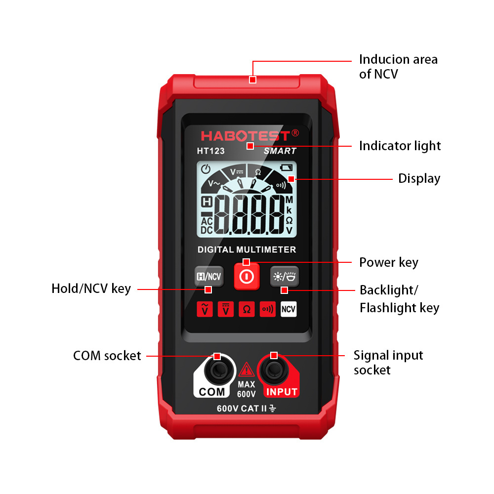 Kingsdun HT123 Portable Professional Digital Multimeters with Test Probe Leads AC/DC Voltage Resistance Multimeter Tester