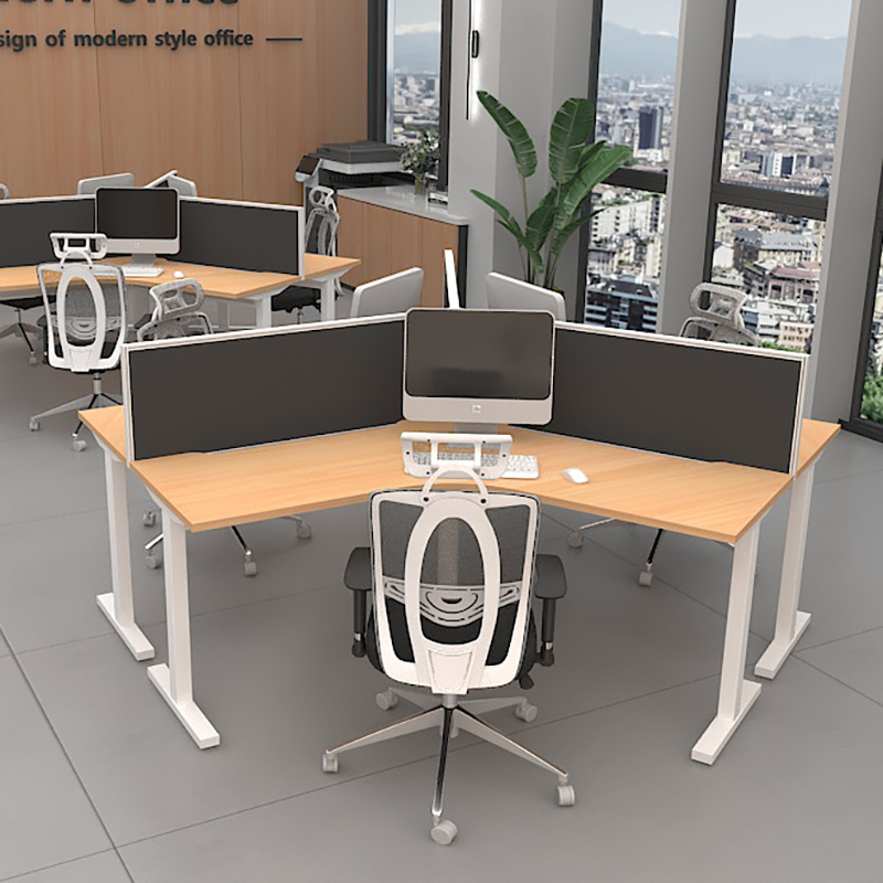 Three seat workstation with desk mounted screens without mobile pedestals desk with three sides