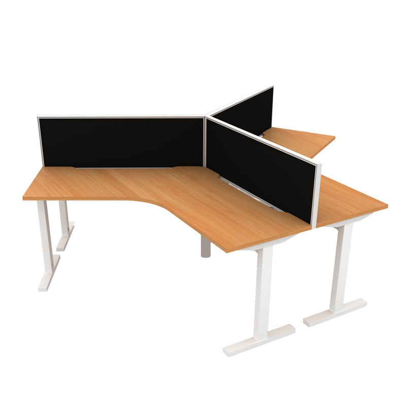 Three seat workstation with desk mounted screens without mobile pedestals desk with three sides