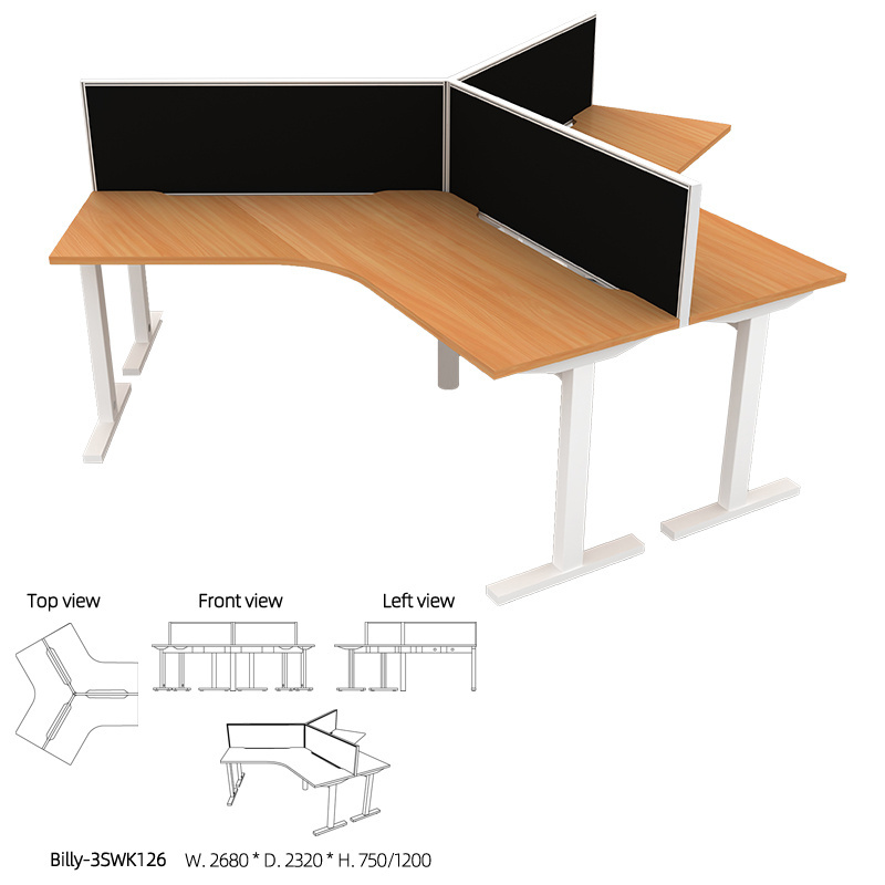 Three seat workstation with desk mounted screens without mobile pedestals desk with three sides