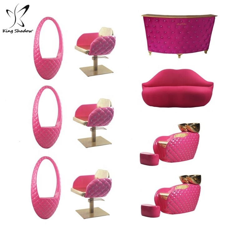 Beauty salon furniture sets pink mouth lips shape waiting sofa styling mirror station hairdressing chair barber chairs