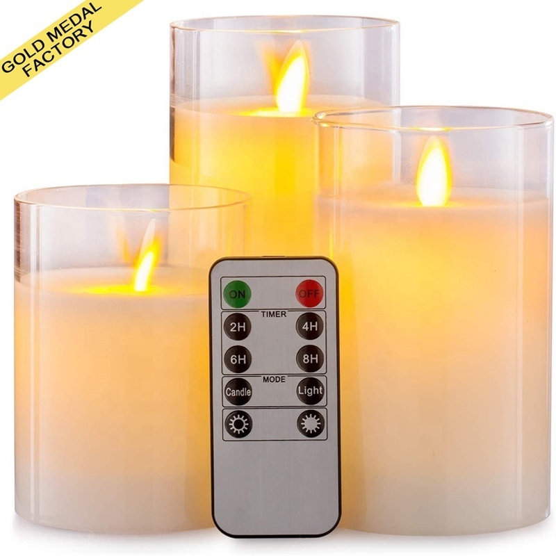 Flameless Lighting Flickering Pillar Frascos Para Velas Battery Led Candle In Clear Glass With Moving Flame Electronic Candles