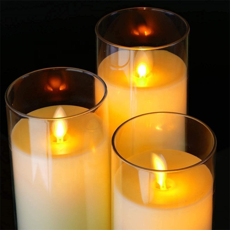 Flameless Lighting Flickering Pillar Frascos Para Velas Battery Led Candle In Clear Glass With Moving Flame Electronic Candles