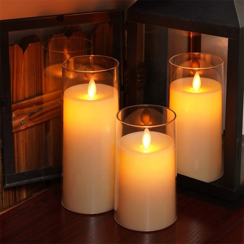 Flameless Lighting Flickering Pillar Frascos Para Velas Battery Led Candle In Clear Glass With Moving Flame Electronic Candles