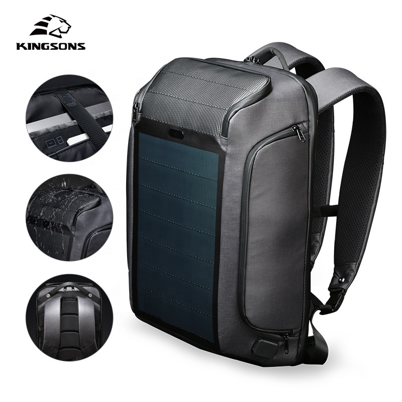 Kingsons BSCI factory high quality laptop bag with solar panel solar backpack with YKK zipper anti theft back pack USB charging