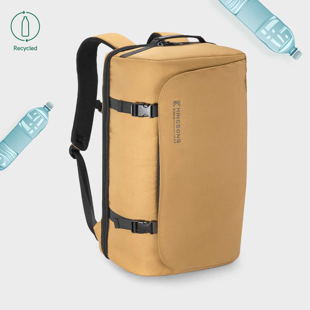 RPET travel laptop backpack with trolley belt waterproof recycle polyester two buckle side open design backpacks men bags pack