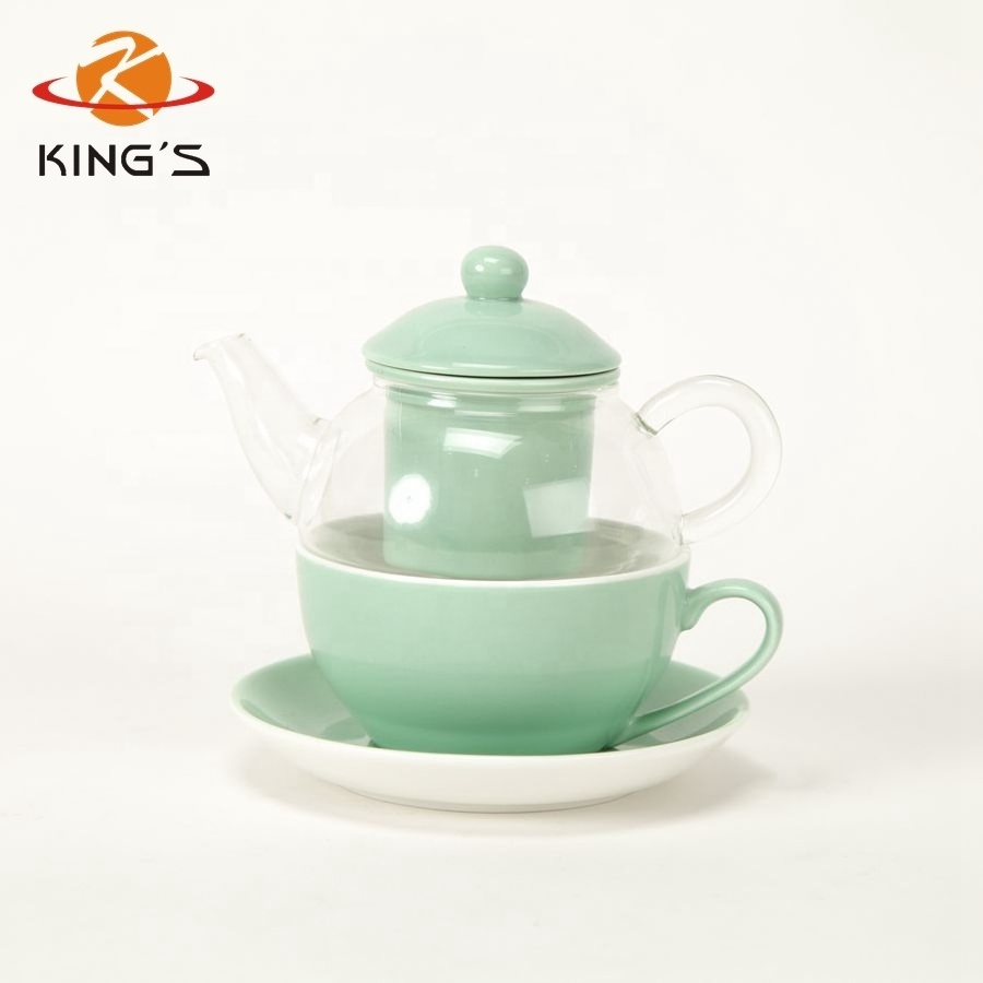 Clear Glass Teapot Set with Infuser Ceramic Cup Wholesale High Tea Porcelain Color Glazed Teapot for One Person