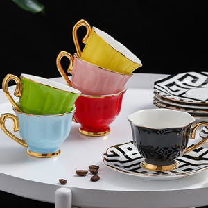 Custom Ceramic Cup Saucer  Set Colored Glaze Luxury Gold Rim Porcelain Espresso Cappuccino Turkish Coffee Tea Cup Set