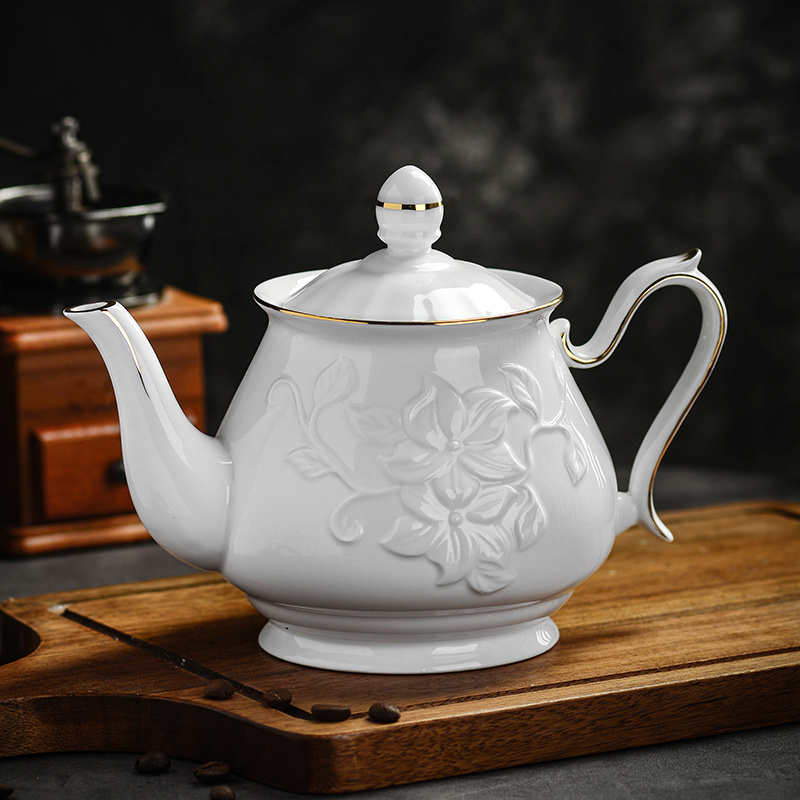 Ceramic Teapot Set Elegant New Bone China Porcelain Embossed White Ceramic Tea Pot