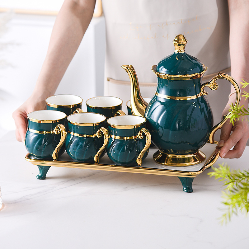 Nordic Style Modern Home Restaurant Afternoon Porcelain Tea Pot And Cup Luxury Gold Rim  Ceramic 8PCS Tea Sets With Tray