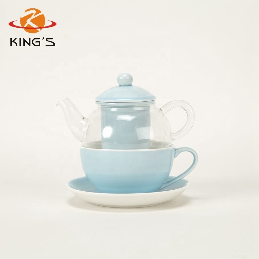 Clear Glass Teapot Set with Infuser Ceramic Cup Wholesale High Tea Porcelain Color Glazed Teapot for One Person