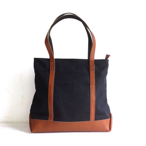 High quality Black canvas tote bag with genuine leather strap