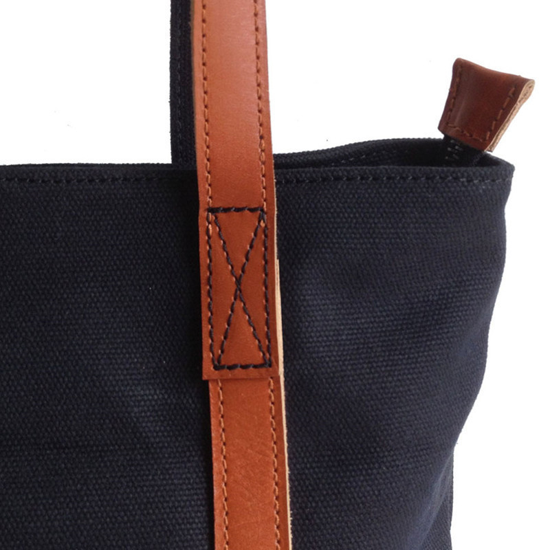 High quality Black canvas tote bag with genuine leather strap