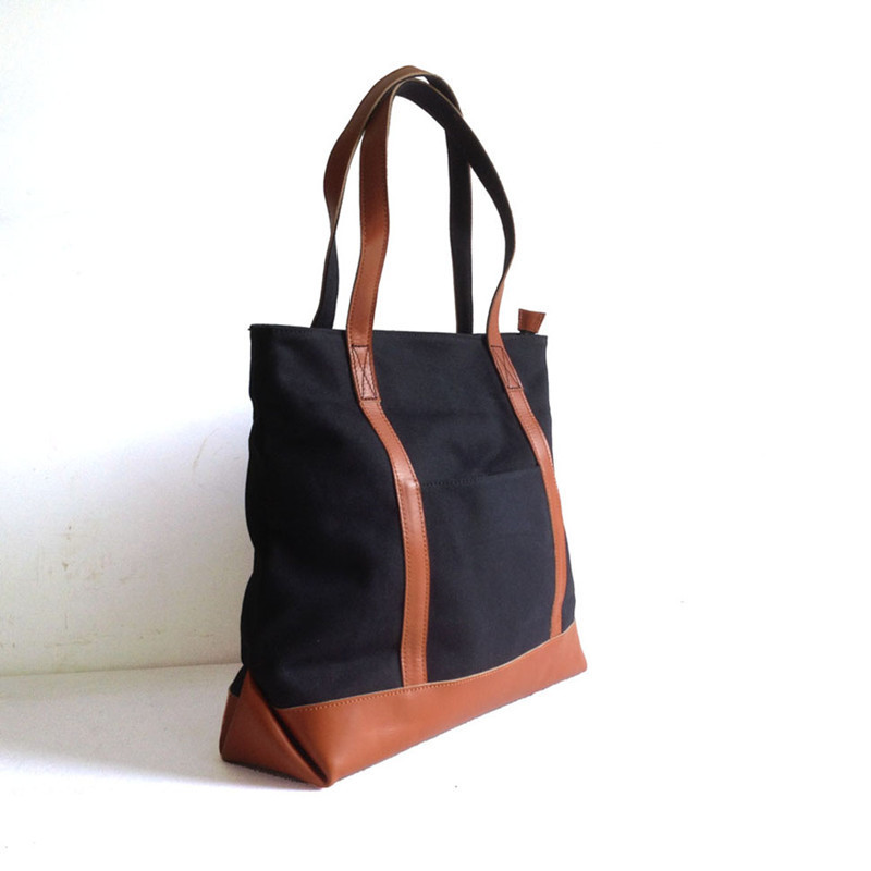 High quality Black canvas tote bag with genuine leather strap