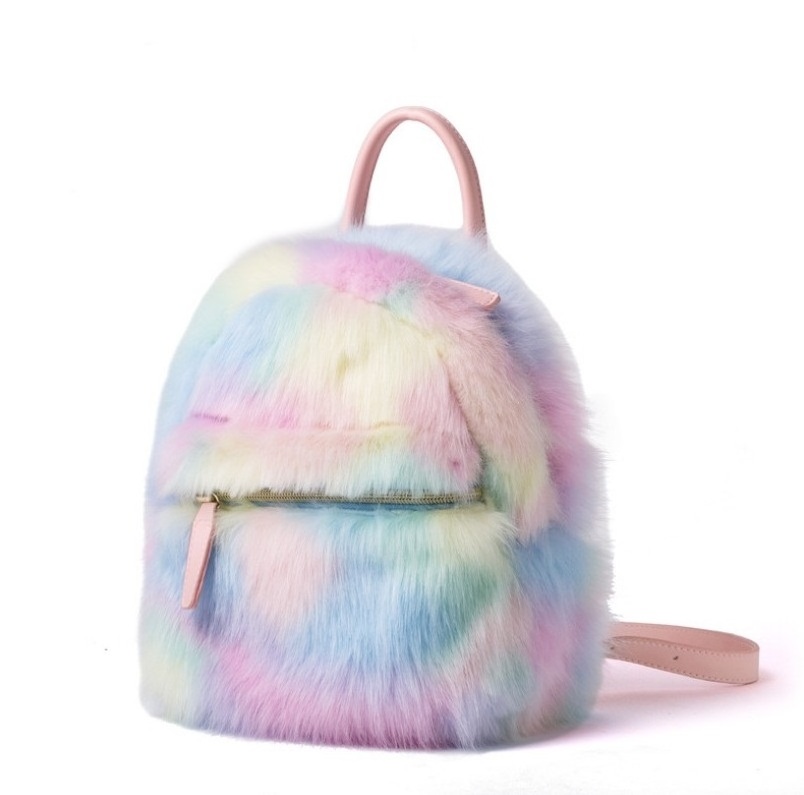 Custom mini Plush Rainbow  Hologram Faux Fur School Bags Kids Backpack