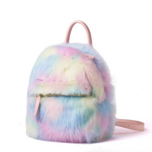 Custom mini Plush Rainbow  Hologram Faux Fur School Bags Kids Backpack