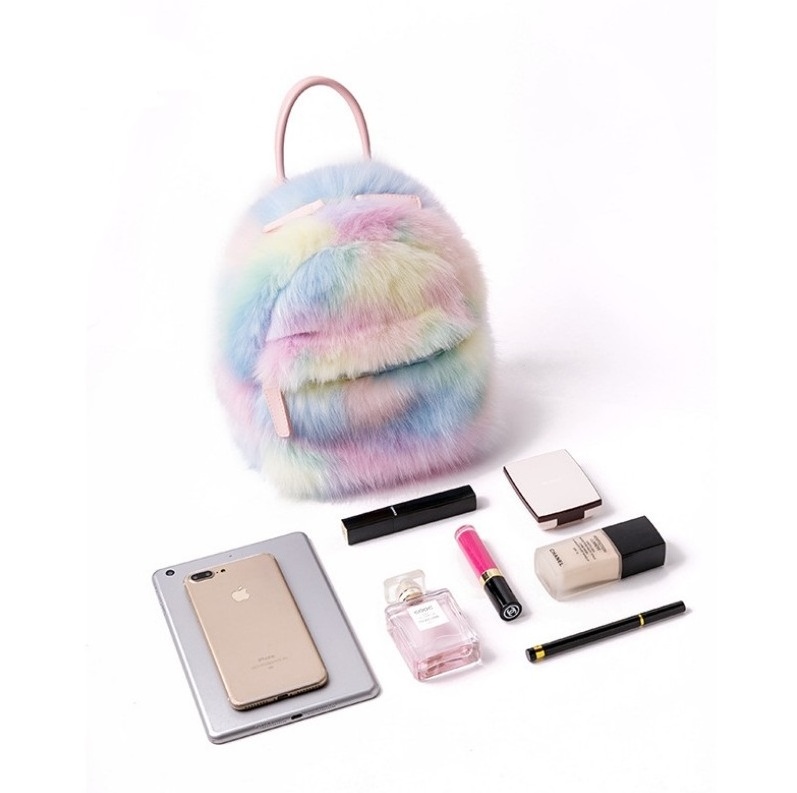 Custom mini Plush Rainbow  Hologram Faux Fur School Bags Kids Backpack