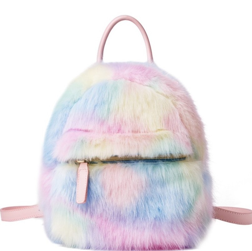 Custom mini Plush Rainbow  Hologram Faux Fur School Bags Kids Backpack