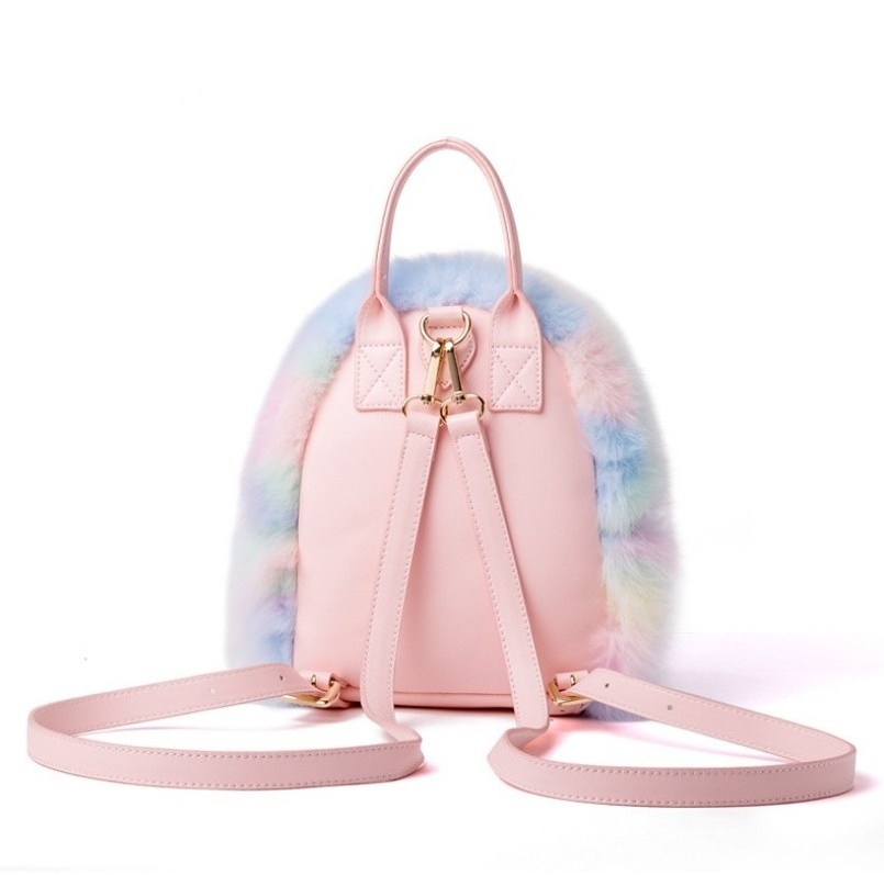 Custom mini Plush Rainbow  Hologram Faux Fur School Bags Kids Backpack