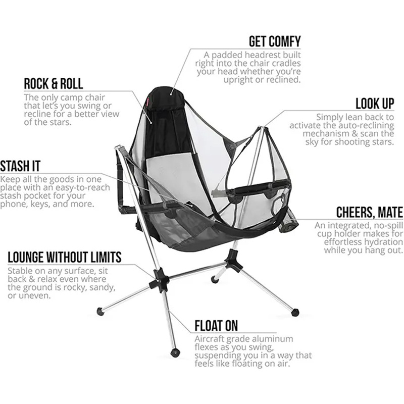 Portable aluminum folding foldable  recliner reclining lightweight outdoor swing stargaze camping rocking chair with cup holder