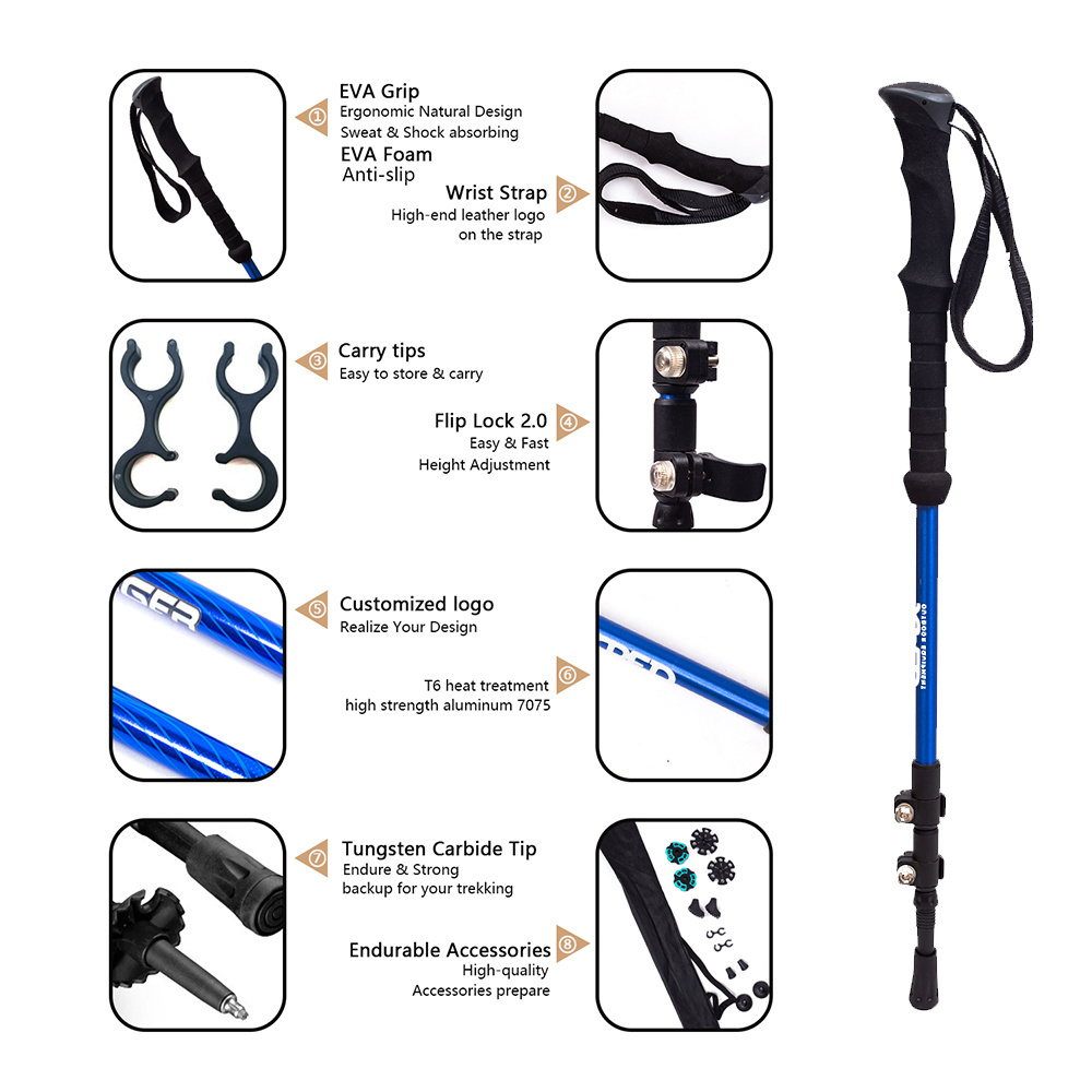 High Quality Adjustable Trekking Pole Auti shock climbing stick quick lock Walking Stick