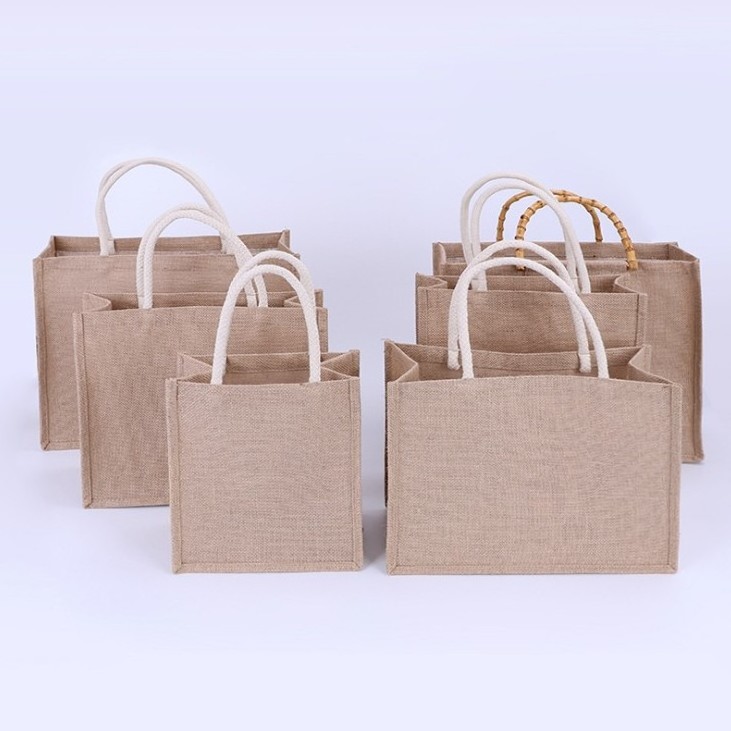 Wholesale Custom Logo Printed Promotion Linen Hessian Hemp Tote Bag Foldable Reusable Jute Custom Large Beach Bag