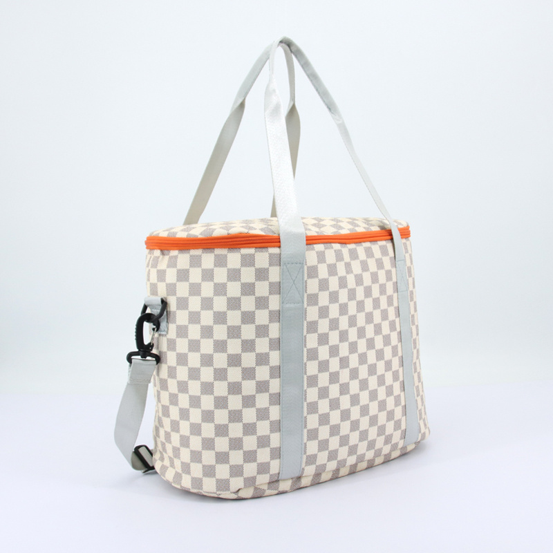 Customized wholesale Portable Checkered Cool Beach Insulated Bag Pu Picnic Cooler Bag Large 20L Tote Cooler Box