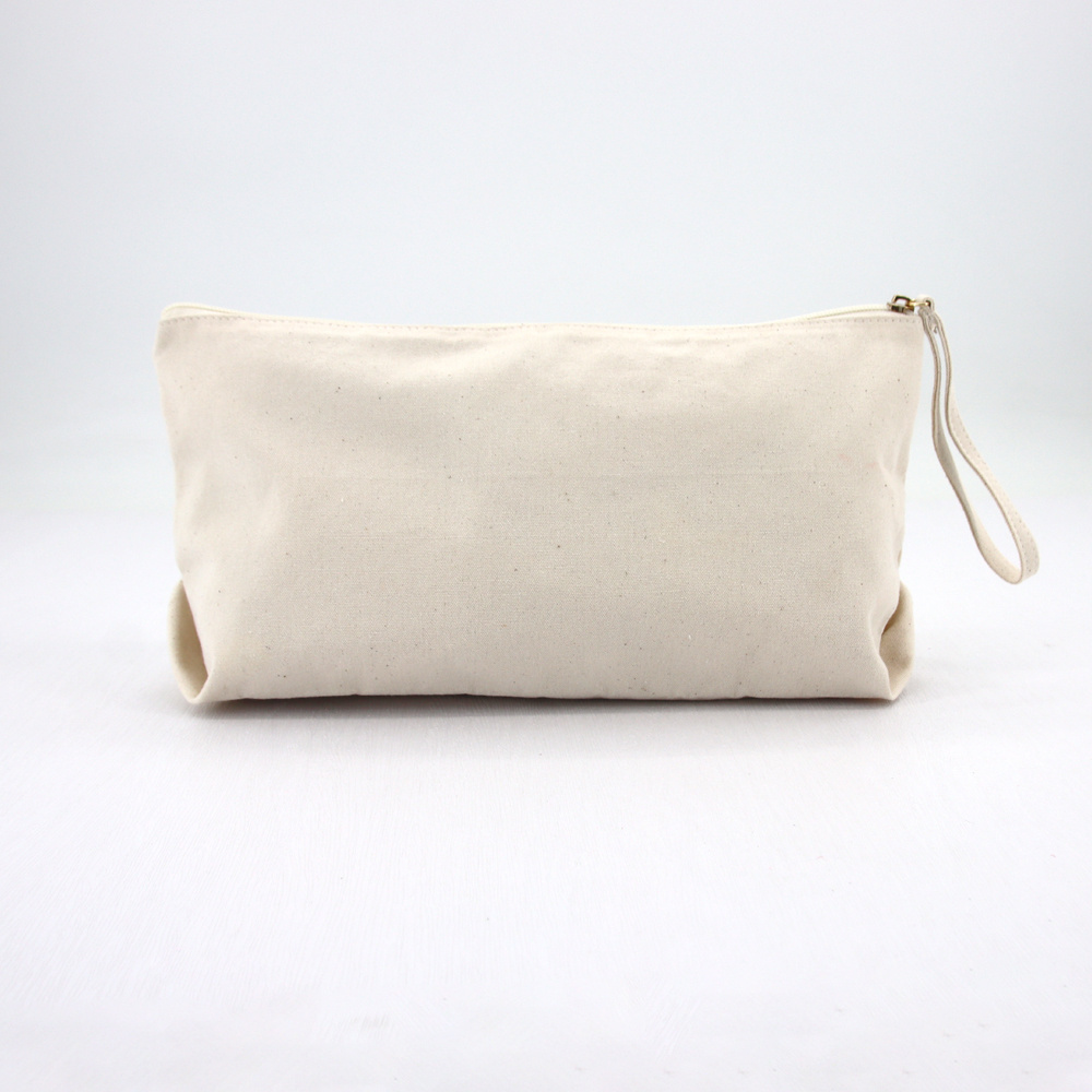 Organic Recycled Cotton Makeup Bag Natural Canvas Cosmetic Bag Toiletry Pouch With Strap