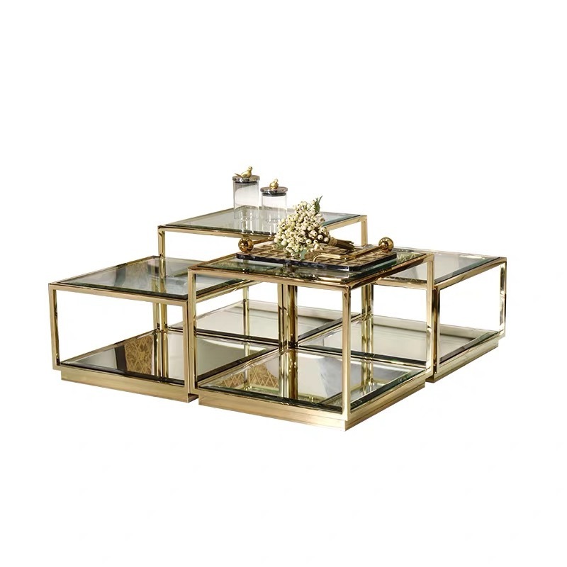 Modern Luxury Design Coffee Table Set Furniture Living Room Set Square Gold 304 SS Frame Centre Table Glass Mirror Coffee Tables