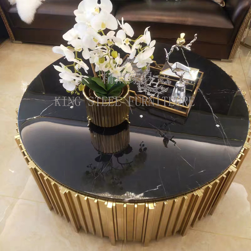 Modern Gold Metal Stainless steel Coffee Table Basse With Black Marble Top Round Centre Tables For Middle Living Room Furniture