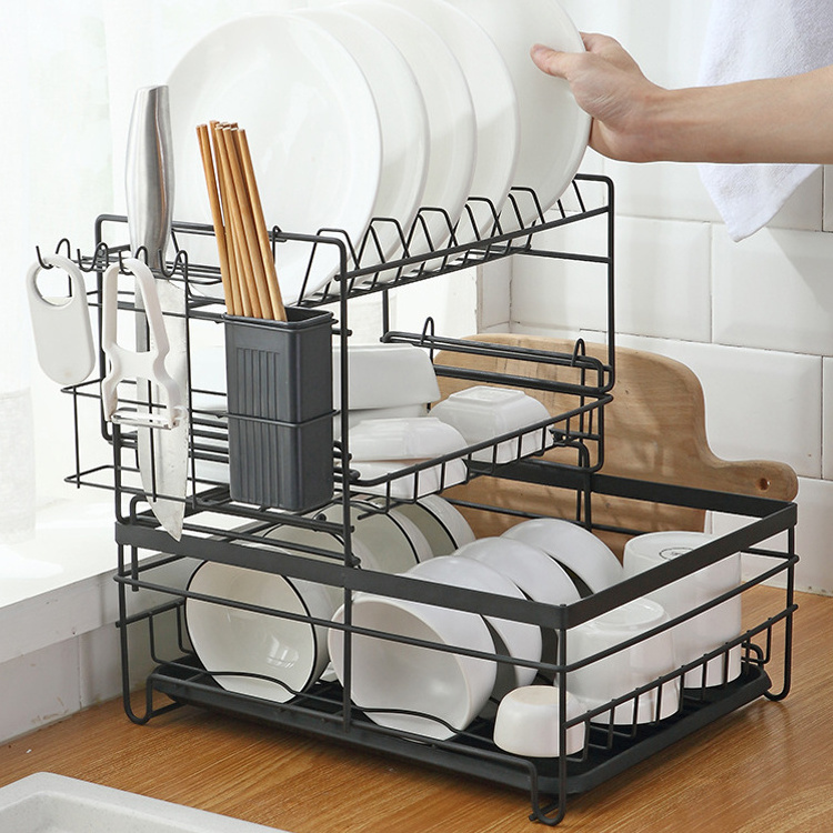 Multi Purpose Kitchen Dinner Plate Dish Rack 3 Tier Dishes Storage Rack with Drainboard Set