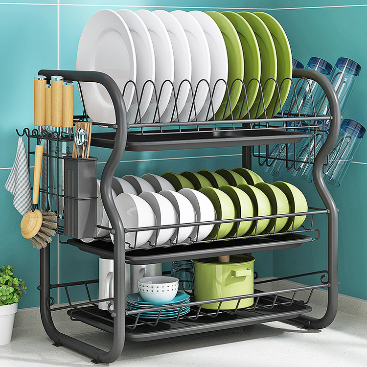 Large Capacity Kitchen Plate Storage Holder Stainless Steel 3 Tier Dish Rack Kitchen Storage Dish Drying Rack