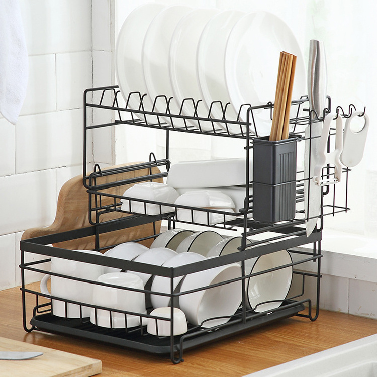 Multi Purpose Kitchen Dinner Plate Dish Rack 3 Tier Dishes Storage Rack with Drainboard Set