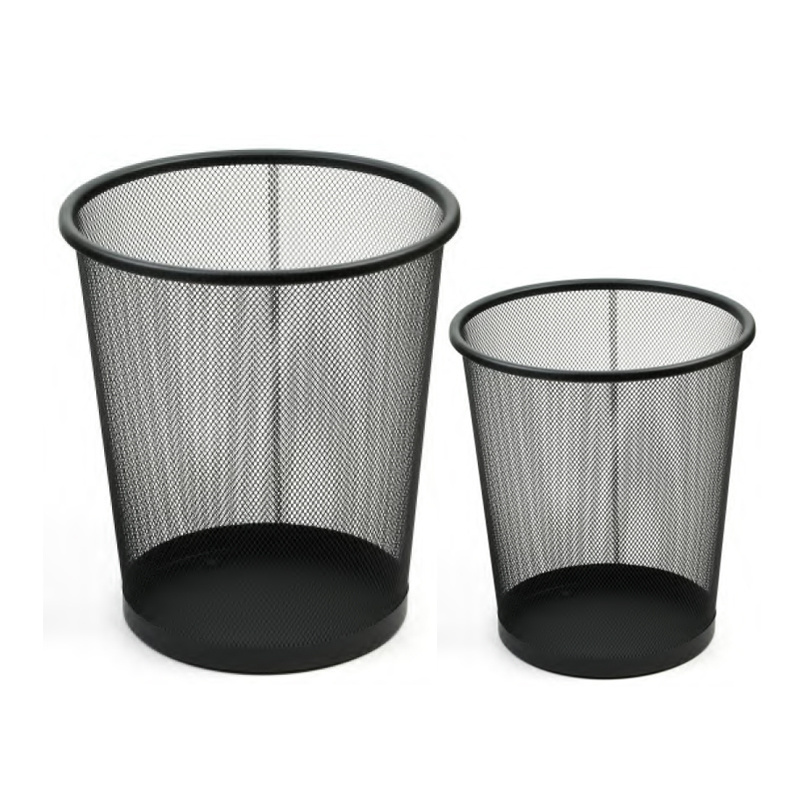 Black round Mesh Metal Trash Can Office Garbage Paper Clutter Recycling Bin for Home or Kitchen Steel Wastebasket