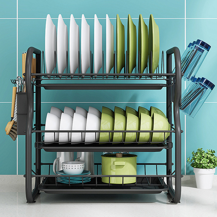 Large Capacity Kitchen Plate Storage Holder Stainless Steel 3 Tier Dish Rack Kitchen Storage Dish Drying Rack