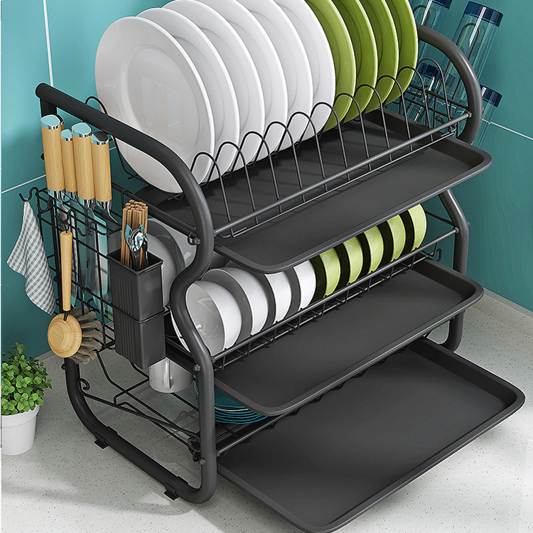 Large Capacity Kitchen Plate Storage Holder Stainless Steel 3 Tier Dish Rack Kitchen Storage Dish Drying Rack