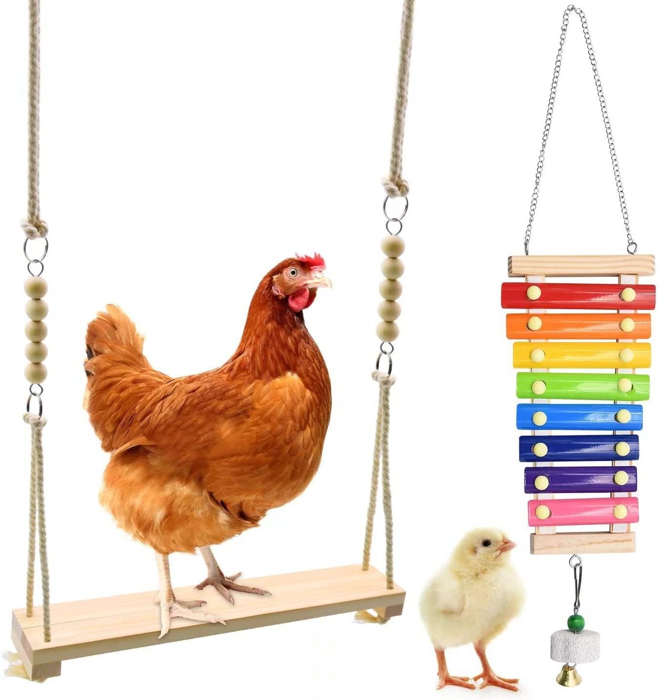 Kingtale Pet Supplier 2 Pack Swing and Chicken Toy Xylophone Set for Bird Stress Relief Bird Toys for Parrots Carton Package