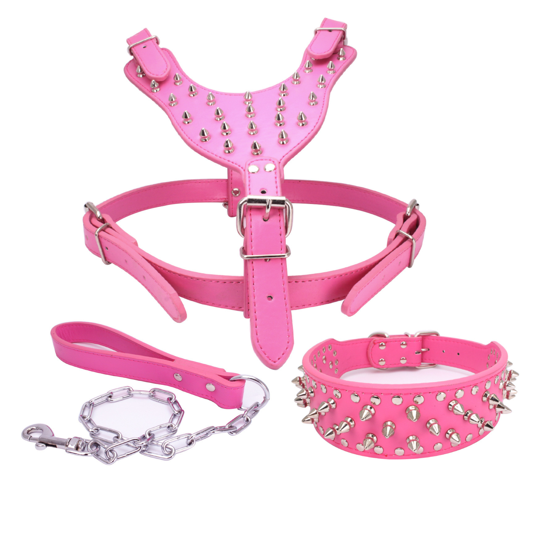 Kingtale Anti-Bite Rivet Set Of Three Super Cool Bullet PU Dog Collar Leash Harness Set Dog Collar And Leash Set